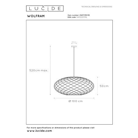 Lucide WOLFRAM - Suspension - Ø 100 cm - 3xE27 - Convient aux mezzanines et plafonds hauts - Noir