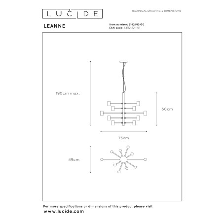 Lucide LEANNE - Suspension - Ø 65 cm - 10xE27 - Noir