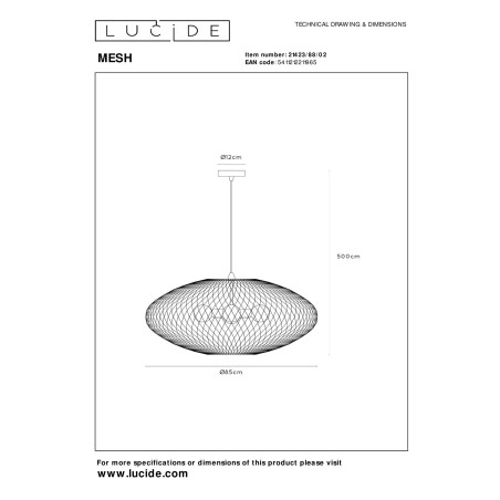 Lucide MESH - Suspension - Ø 85 cm - 3xE27 - Convient aux mezzanines et plafonds hauts - Or Mat / Laiton