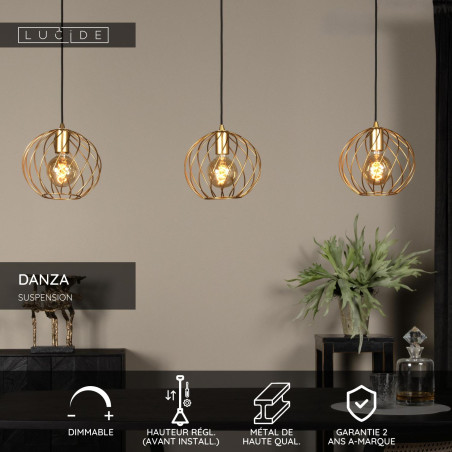 Lucide DANZA - Suspension - 3xE27 - Or Mat / Laiton