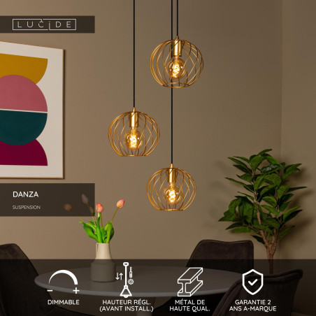 Lucide DANZA - Suspension - Ø 50 cm - 3xE27 - Or Mat / Laiton