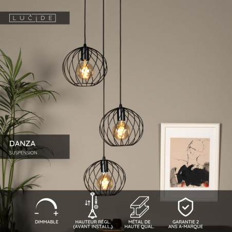 Lucide DANZA - Suspension - Ø 50 cm - 3xE27 - Noir