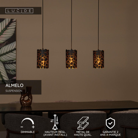 Lucide ALMELO - Suspension - 3xE27 - Noir - L 92 x P 15 x H 150 cm