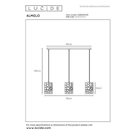 Lucide ALMELO - Suspension - 3xE27 - Noir - L 92 x P 15 x H 150 cm