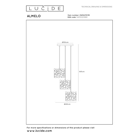 Lucide ALMELO - Suspension - 3xE27 - Noir - L 45 x P 45 x H 165 cm
