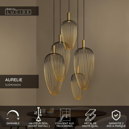 Lucide AURELIE - Suspension - 5xGU10 (MR11) - Convient aux mezzanines et plafonds hauts - Or - Vibes
