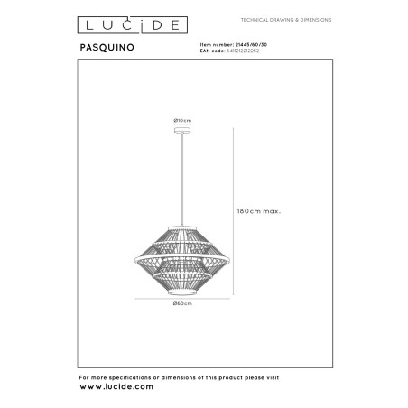 Lucide PASQUINO - Suspension - Ø 60 cm - 1xE27 - Noir - Essential - Réf. 21445/60/30