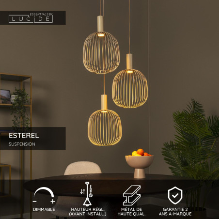 Lucide ESTEREL - Suspension - 3xGU10 (MR11) - Taupe - Essential - L 50 x P 50 x H 160 cm