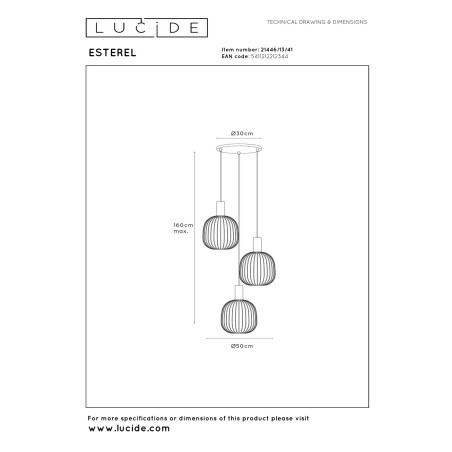 Lucide ESTEREL - Suspension - 3xGU10 (MR11) - Taupe - Essential - L 50 x P 50 x H 160 cm