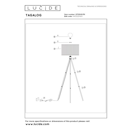 Lucide TAGALOG - Lampadaire - Ø 55 cm - 1xE27 - Noir