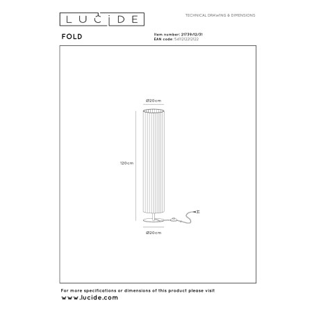 Lucide FOLD - Lampadaire - Ø 20 cm - 2xE27 - Blanc