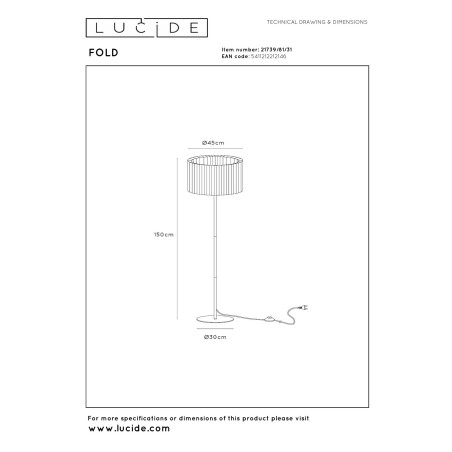 Lucide FOLD - Lampadaire - Ø 45 cm - 1xE27 - Blanc