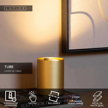Lucide TUBE - Lampe de table - Ø 9,6 cm - LED 3 StepDim - GU10 (MR16) - 1x5W 2700K - Or Mat / Laiton