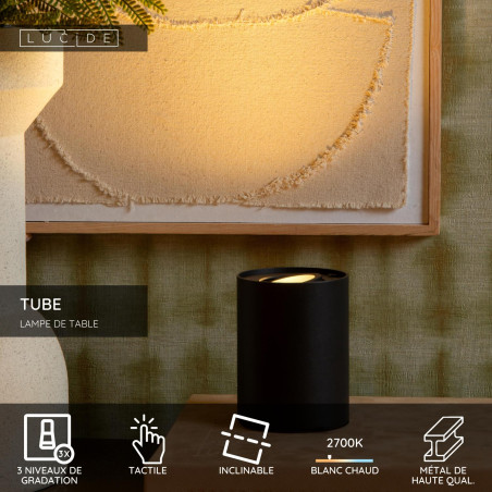 Lucide TUBE - Lampe de table - Ø 9,6 cm - LED 3 StepDim - GU10 (MR16) - 1x5W 2700K - Noir