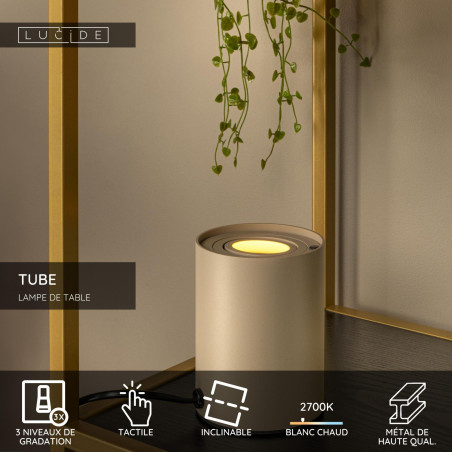 Lucide TUBE - Lampe de table - Ø 9,6 cm - LED 3 StepDim - GU10 (MR16) - 1x5W 2700K - Taupe