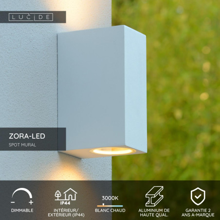 Lucide ZORA-LED - Spot mural / Applique mural Intérieur/Extérieur - LED Dim. - GU10 (MR16) - 2x5W 3000K - IP44 - Blanc