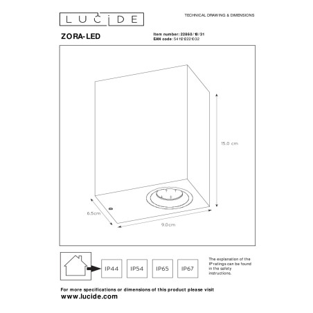 Lucide ZORA-LED - Spot mural / Applique mural Intérieur/Extérieur - LED Dim. - GU10 (MR16) - 2x5W 3000K - IP44 - Blanc
