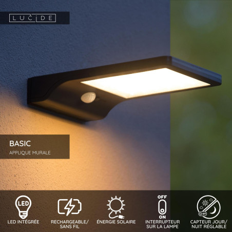Lucide BASIC - Applique murale- Énergie Solaire - LED - 1x3W 2700K - IP44- Détecteur De Mouvement & Jour/Nuit - Noir
