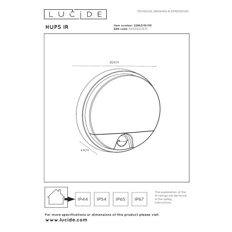 Lucide HUPS IR - Applique murale Intérieur/Extérieur - Ø 21 cm - LED - 1x10W 3000K - IP54 - Détecteur De Mouvement - Noir