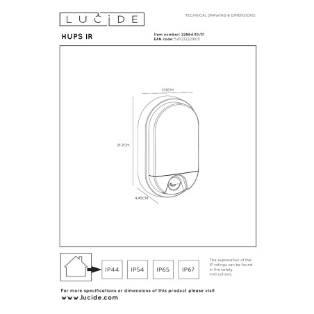 Lucide HUPS IR - Applique murale Intérieur/Extérieur - LED - 1x10W 3000K - IP54- Détecteur De Mouvement & Jour/Nuit - Blanc