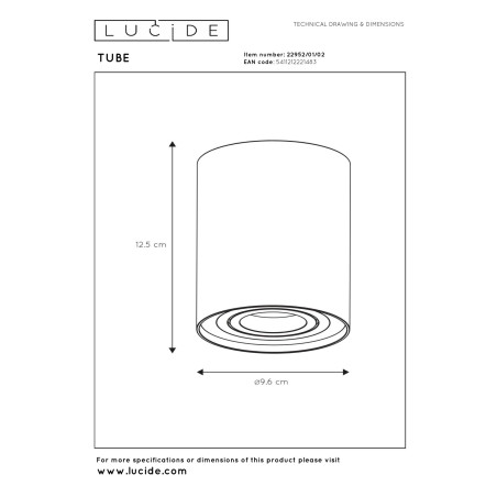 Lucide TUBE - Spot plafond - Ø 9,6 cm - 1xGU10 (MR16) - Or Mat / Laiton