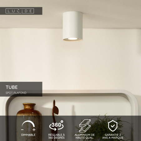 Lucide TUBE - Spot plafond - Ø 9,6 cm - 1xGU10 (MR16) - Blanc