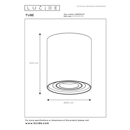 Lucide TUBE - Spot plafond - Ø 9,6 cm - 1xGU10 (MR16) - Blanc