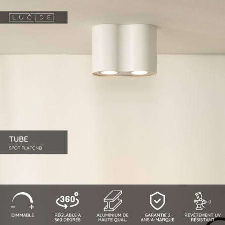 Lucide TUBE - Spot plafond - 2xGU10 (MR16) - Blanc - L 17,7 x P 9,5 x H 12,5 cm