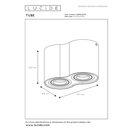 Lucide TUBE - Spot plafond - 2xGU10 (MR16) - Blanc - L 17,7 x P 9,5 x H 12,5 cm