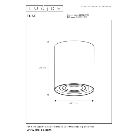 Lucide TUBE - Spot plafond - Ø 9,6 cm - 1xGU10 (MR16) - Noir