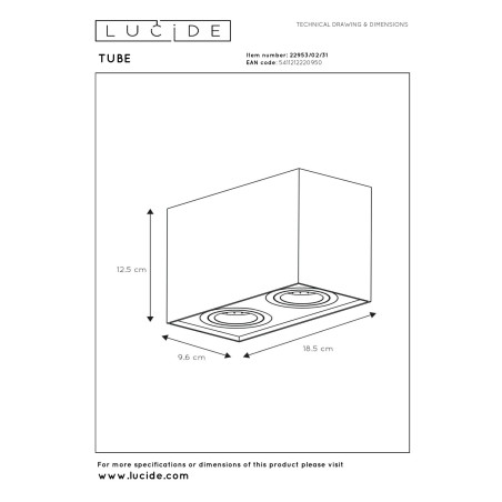 Lucide TUBE - Spot plafond - 2xGU10 (MR16) - Blanc - L 18,5 x P 9,6 x H 12,5 cm
