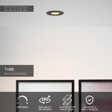 Lucide TUBE - Spot encastrable - Ø 9,2 cm - 1xGU10 (MR16) - Noir