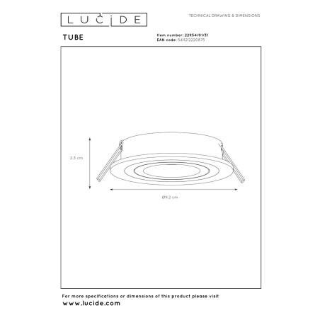 Lucide TUBE - Spot encastrable - Ø 9,2 cm - 1xGU10 (MR16) - Blanc