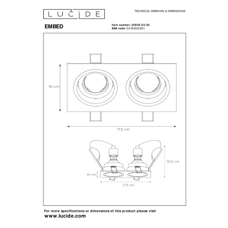 Lucide EMBED - Spot encastrable - 2xGU10 (MR16) - Noir
