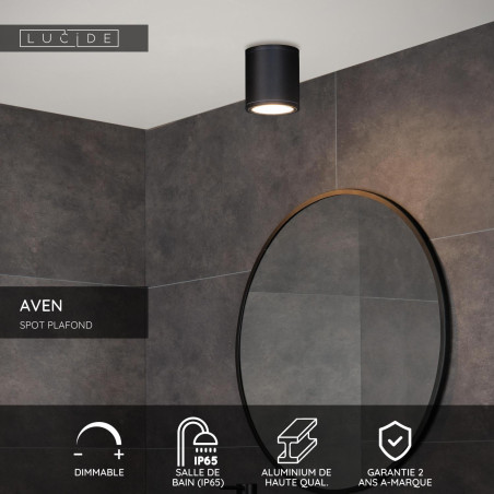Lucide AVEN - Spot plafond Salle de bains - Ø 9 cm - 1xGU10 (MR16) - IP65 - Noir