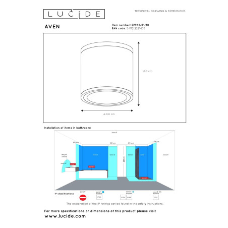 Lucide AVEN - Spot plafond Salle de bains - Ø 9 cm - 1xGU10 (MR16) - IP65 - Noir