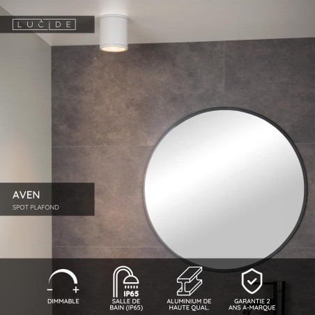 Lucide AVEN - Spot plafond Salle de bains - Ø 9 cm - 1xGU10 (MR16) - IP65 - Blanc