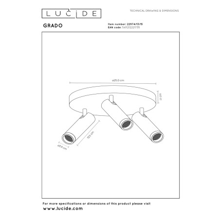 Lucide GRADO - Spot plafond - Ø 25 cm - 3xGU10 (MR11) - Fer gris