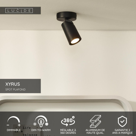 Lucide XYRUS - Spot plafond - Ø 9 cm - LED Dim to warm - GU10 (MR16) - 1x5W 2200K/3000K - Noir