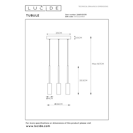 Lucide TUBULE - Suspension - Ø 26 cm - LED - 3x7W 2700K - Noir