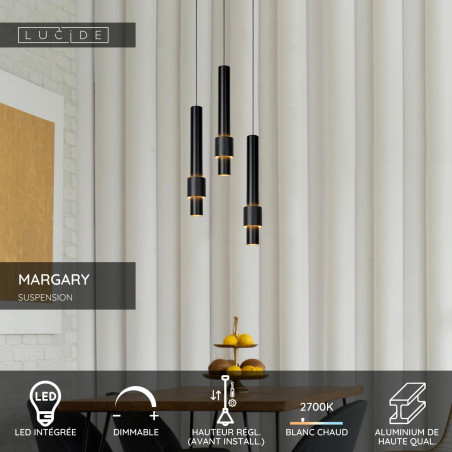 Lucide MARGARY - Suspension - Ø 28 cm - LED Dim. - 3x4W 2700K - Noir