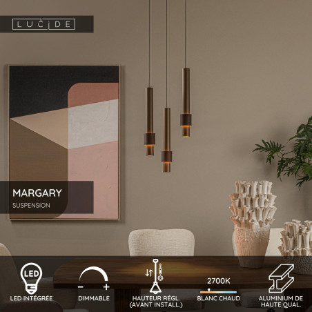 Lucide MARGARY - Suspension - Ø 28 cm - LED Dim. - 3x4W 2700K - Café