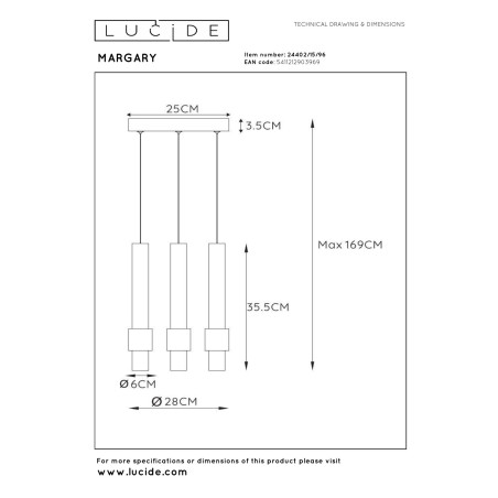 Lucide MARGARY - Suspension - Ø 28 cm - LED Dim. - 3x4W 2700K - Café