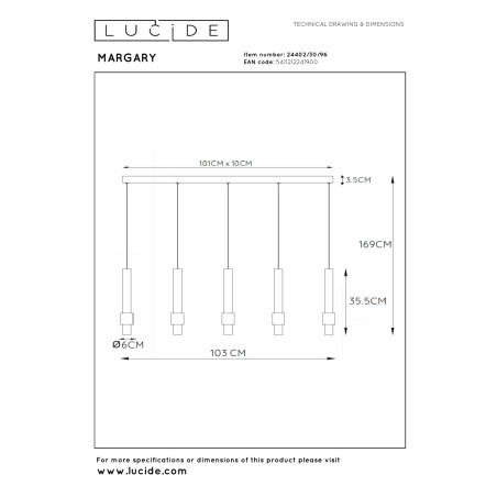 Lucide MARGARY - Suspension - LED Dim. - 5x4,2W 2700K - Café