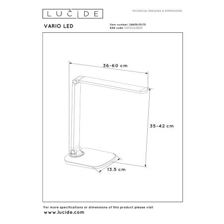 Lucide VARIO LED - Lampe de bureau - LED Dim. - CCT - 1x8W 2700K/6500K - Blanc