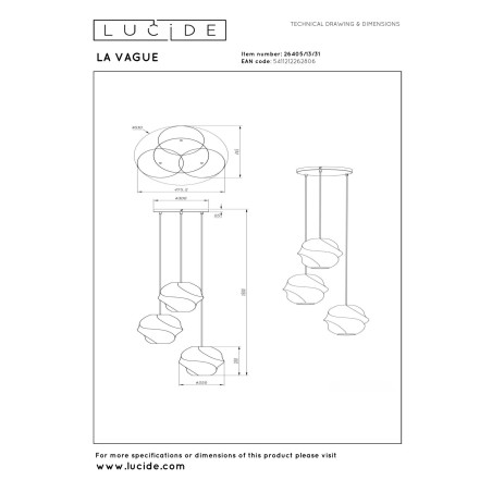Lucide LA VAGUE - Suspension - Ø 51 cm - 3xE27 - Blanc - Essential