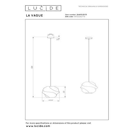Lucide LA VAGUE - Suspension - Ø 25 cm - 1xE27 - Blanc - Essential