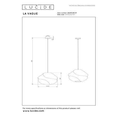 Lucide LA VAGUE - Suspension - Ø 40 cm - 1xE27 - Blanc - Essential