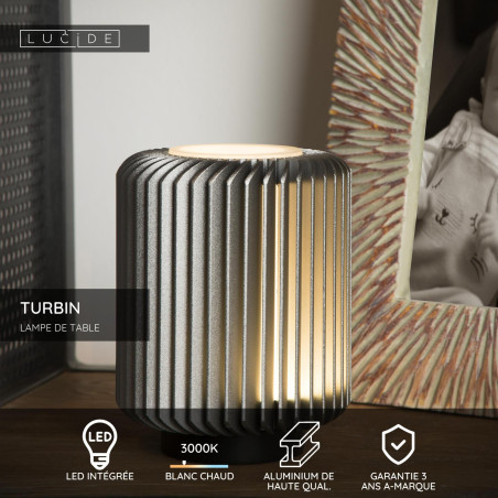 Lucide TURBIN - Lampe de table - Ø 10,6 cm - LED - 1x5W 3000K - Gris