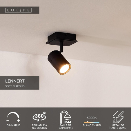 Lucide LENNERT - Spot plafond Salle de bains - LED Dim. - GU10 (MR16) - 1x5W 3000K - IP44 - Noir